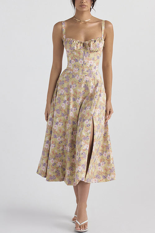 Adjustable Strap High Waist Slit Swing Midi Dress