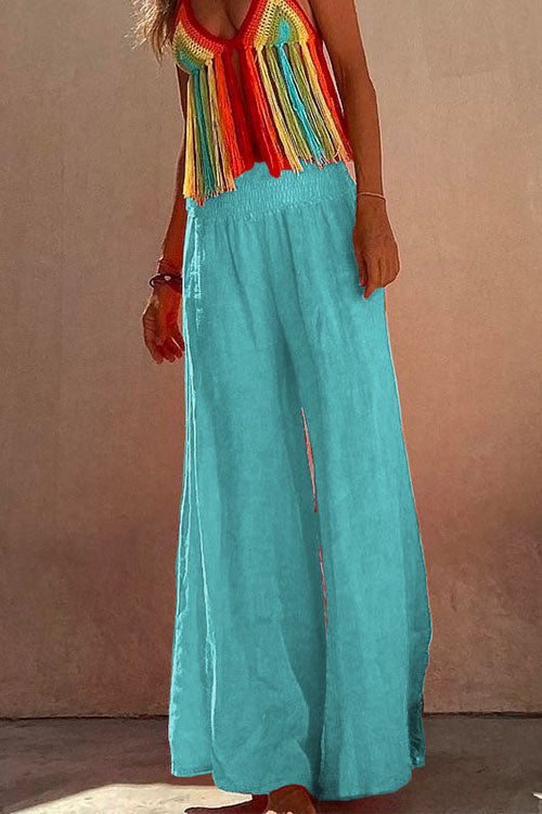 Smocked Elastic Waist Baggy Wide Leg Cotton Linen Pants