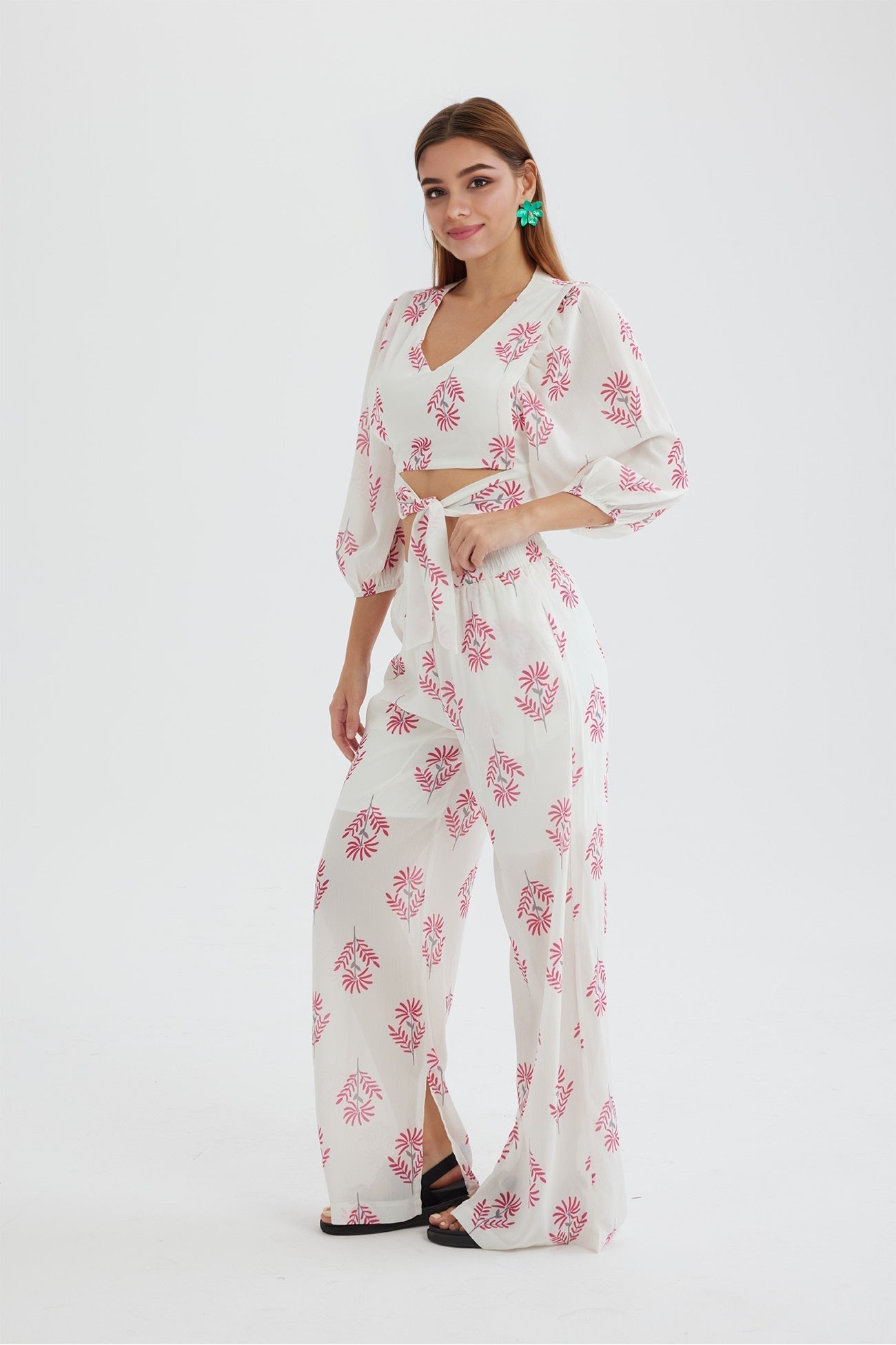 Print Puff Sleeve Knotted-front Tops Long Pants Suits