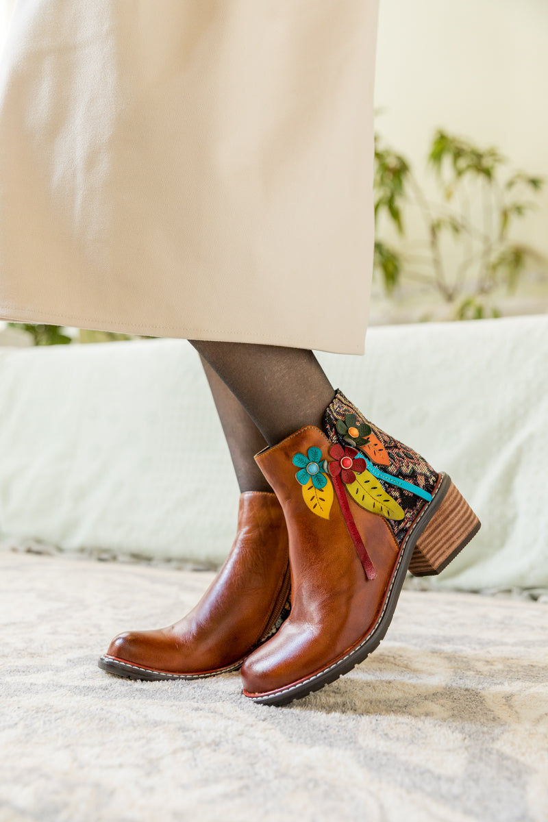 Soffia | Petal Applique Leather Ankle Boot