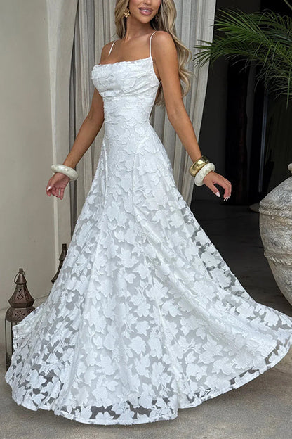 Moxidress Spaghetti Strap Backless Lace-up Jacquard Maxi Dress