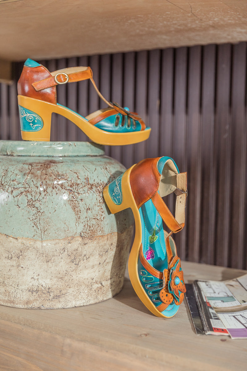Soffia | Daisy Applique T Strap Leather Sandal