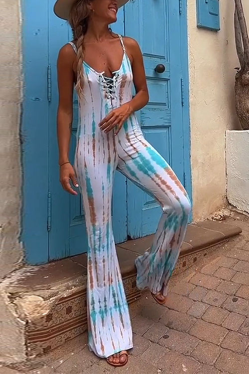 Lace-up V Neck Flare Bottoms Tie Dye Skinny Cami Jumpsuit