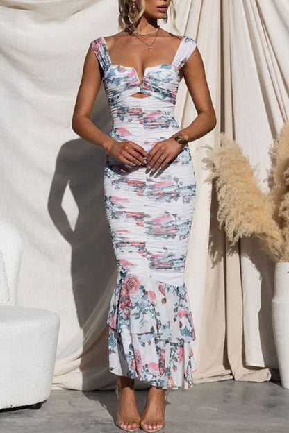 Print Ruched Fishtail Dress