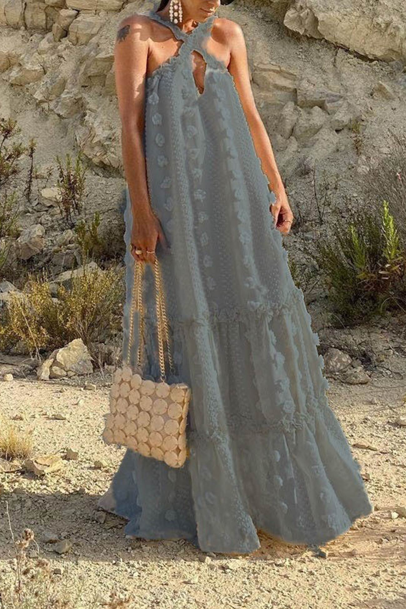 3d Criss-cross Halterneck Maxi Dress