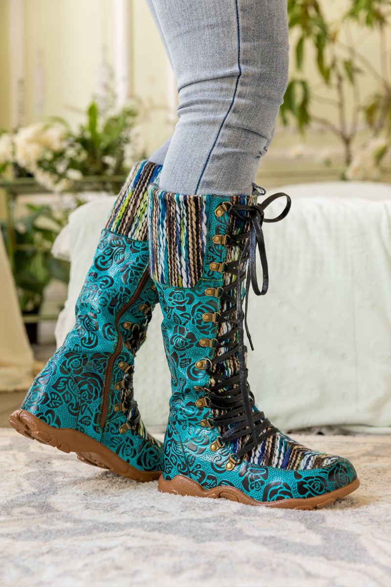 Soffia | Rose Embossed Teal Leather Tie-accent Boot