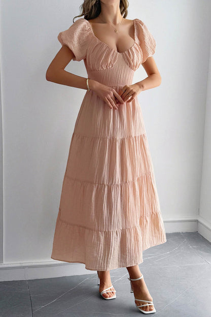 Low Cut Puff Sleeve Backless Tiered Dress