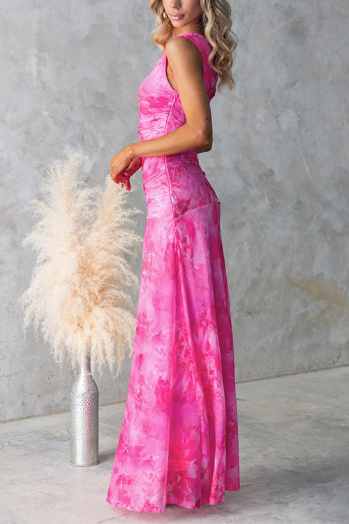 Asymmetric Shoulder Ruched Waist Print Maxi Dress