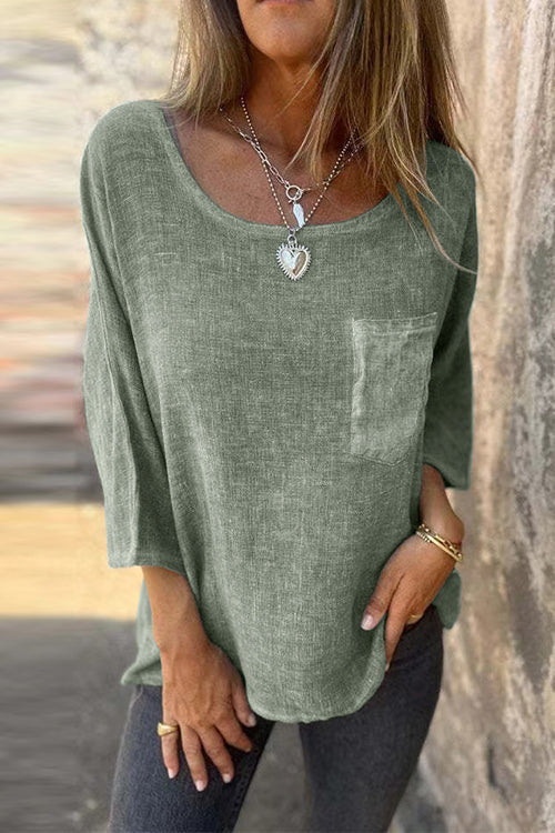 Moxidress 3/4 Sleeves Pocketed Cotton Linen T-shirt