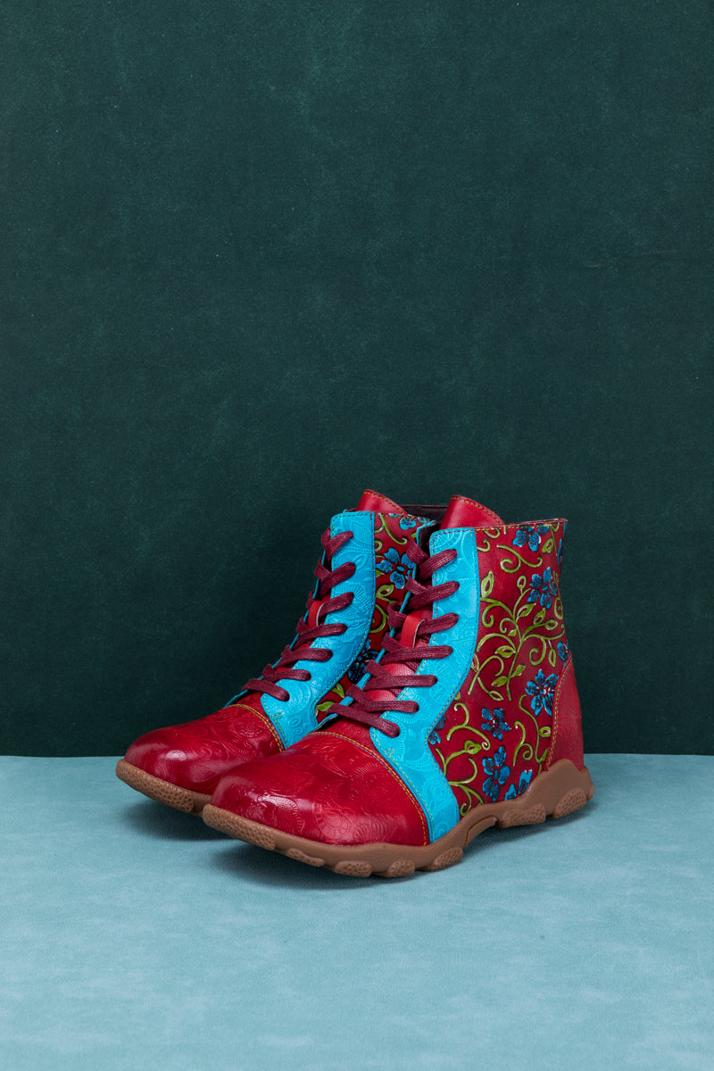 Soffia | Swirl Embossed Lace Up Leather Combat Boot