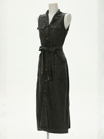 Timko Waist Tie Denim Mini Dress - Black