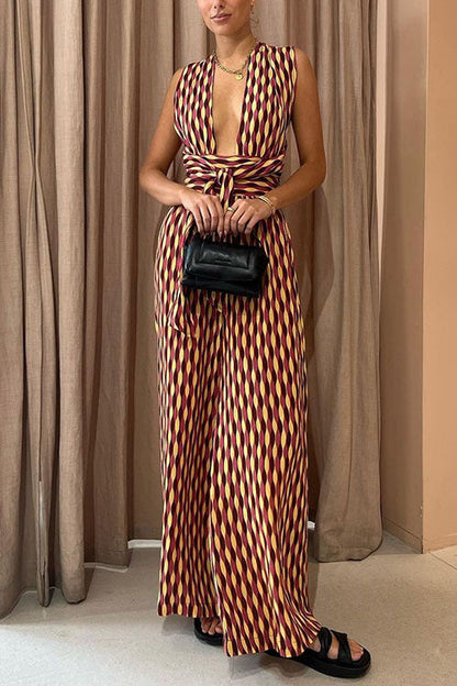Moxidress Back Criss Cross Knot Waist Wide Leg Printed Jumpsuit