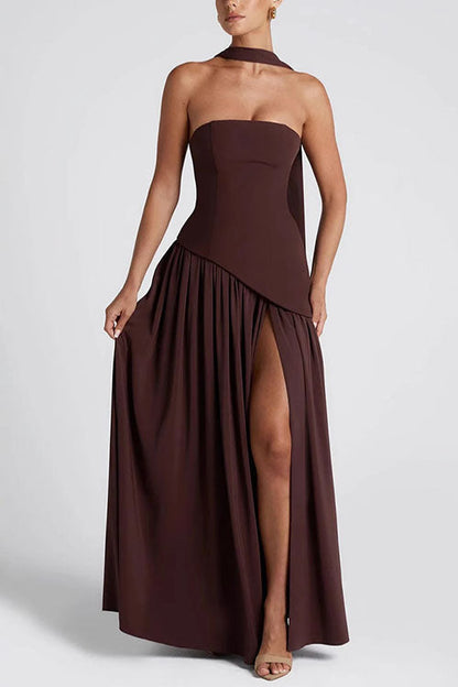 Moxidress Strapless Back Lace-up High Slit Splice Maxi Dress