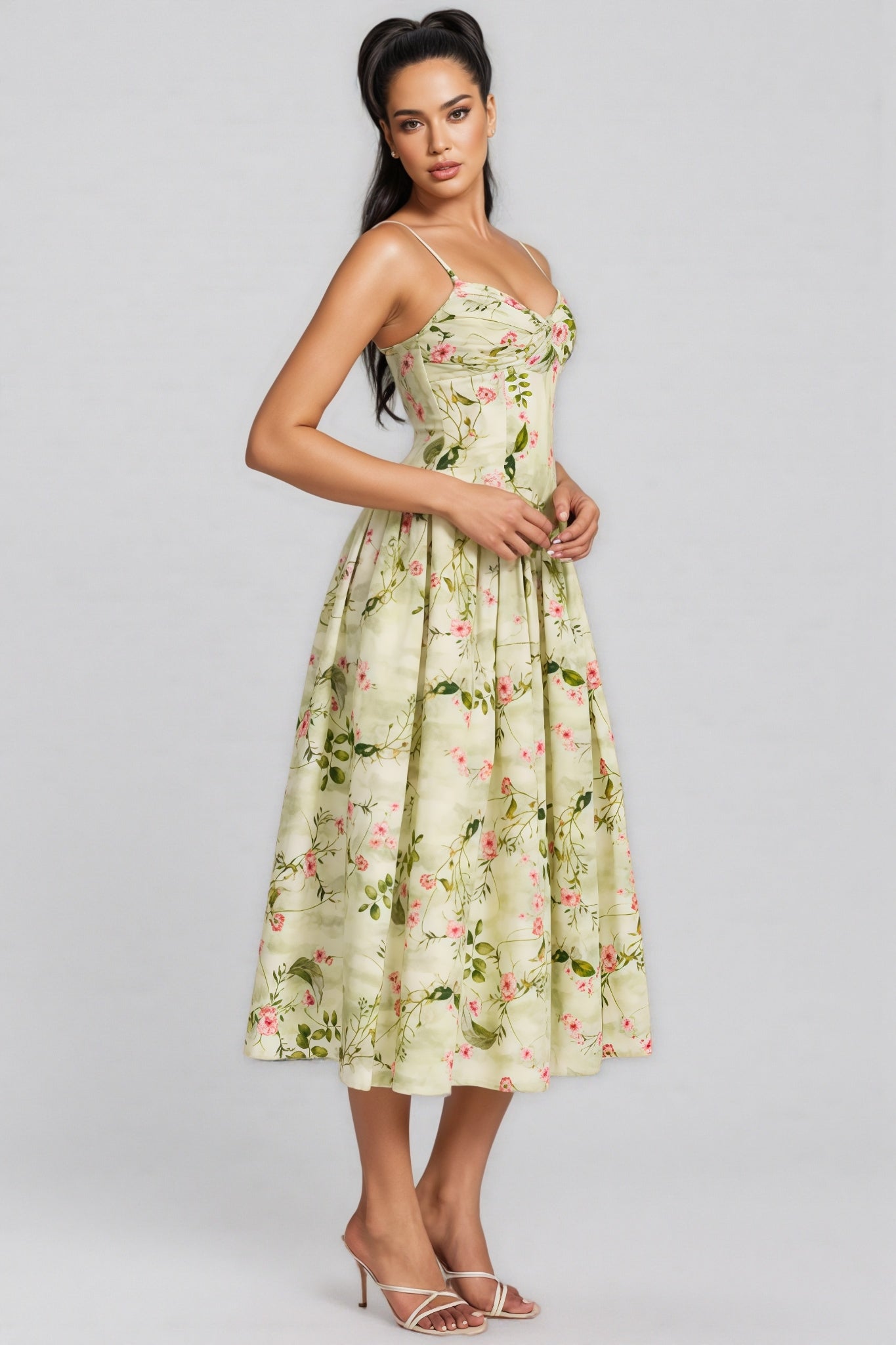 Raleign Green Print Ruched Midi Dress