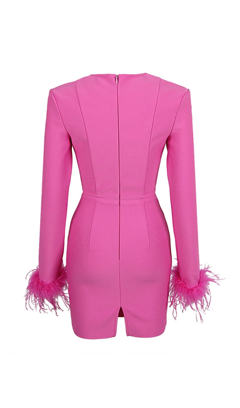 Stretch Long Sleeves Mini Dress in Hyper Pink