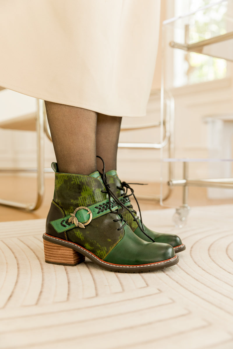 Soffia | Dark Green Leather Ankle Boot