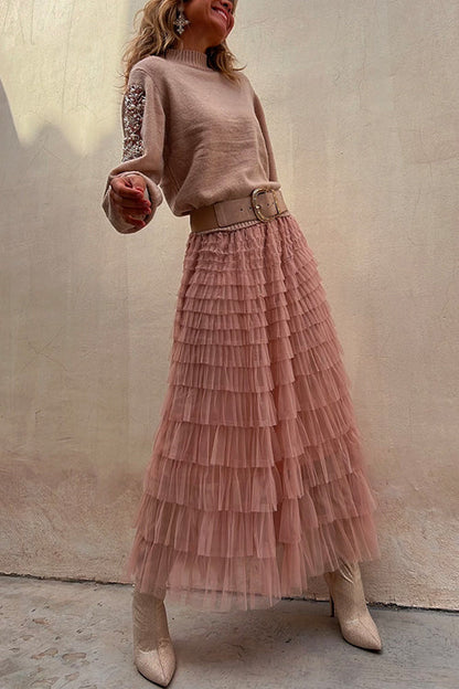 Moxidress Tulle Layered Ruffle Mesh Maxi Skirt