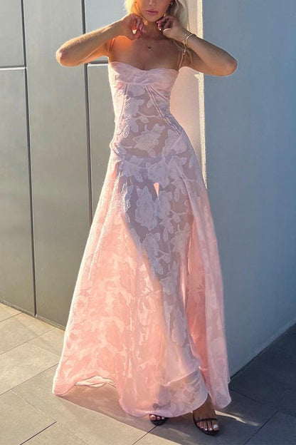 Spaghetti Strap Back Lace-up Applique Flower Lace Maxi Dress