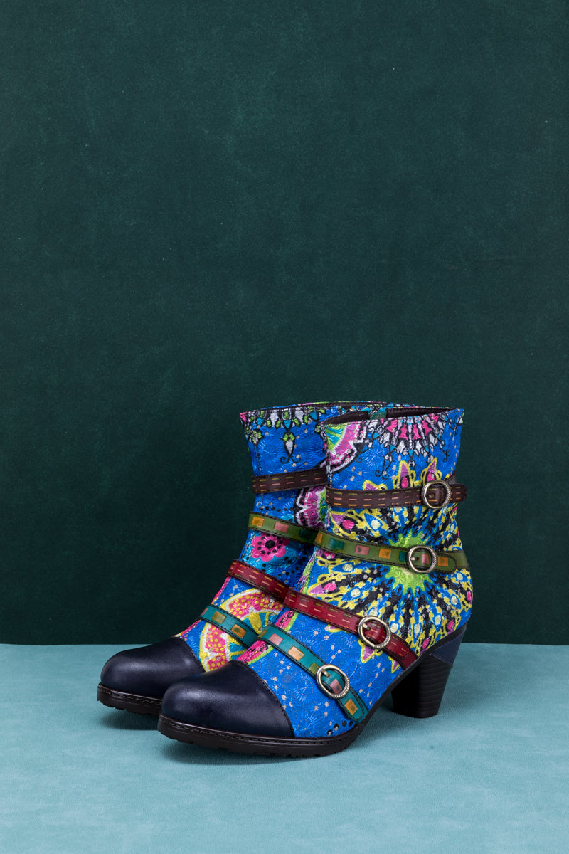 Soffia | Mandala Blue Firework Strap Accent Leather Boot