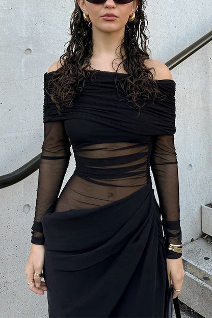 Moxidress Off Shoulder Mesh Patchwork Ruched Maxi Dress