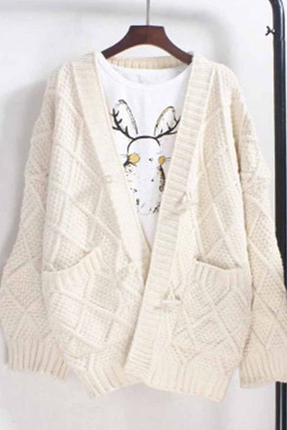 Ribbed Horn Buckle Pockets Cardigan(4 Colors)
