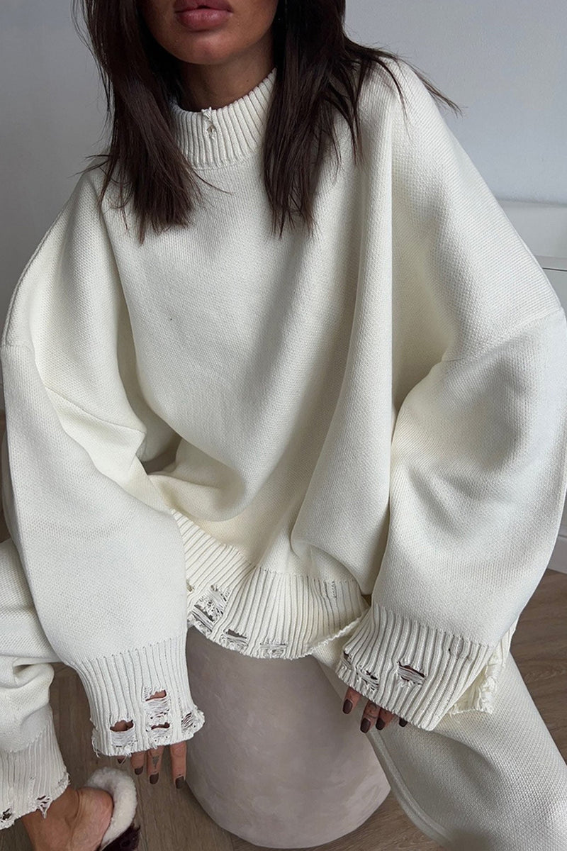 Raw Edge Crew Neck Sweater Set