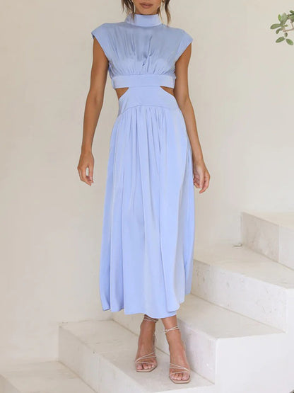 Cap Sleeve Belly-hollow Pleated Color Stand Collar Maxi Dresses