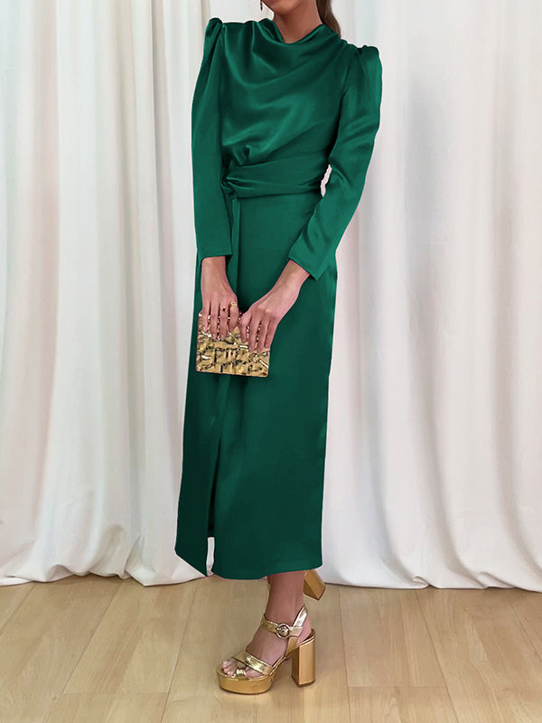 A-line High Waisted Pleated Color Split-front Mock Neck Maxi Dresses