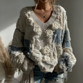Women's Vintage White Rose Chunky Knit V-neck Sweater
