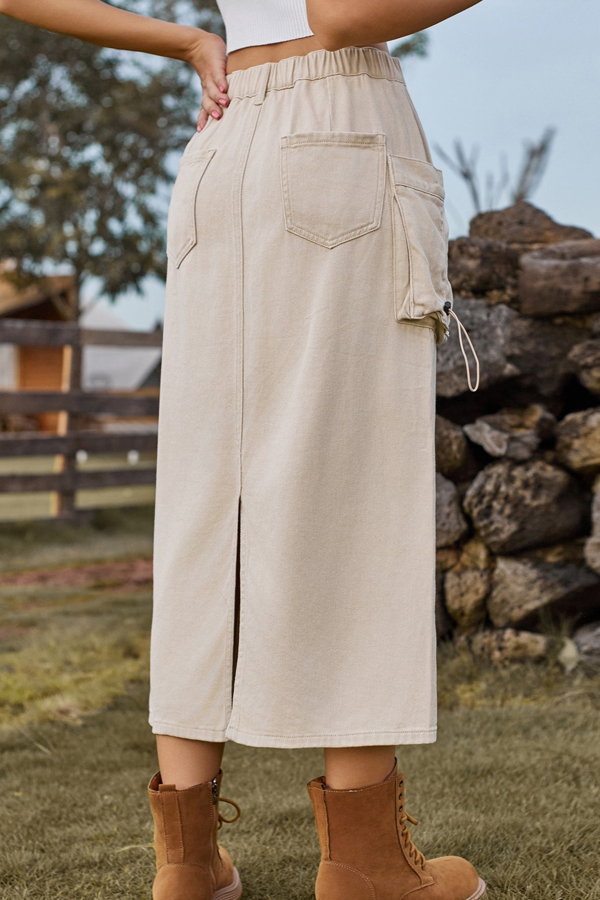 High-waist Denim Cargo Midi Skirt