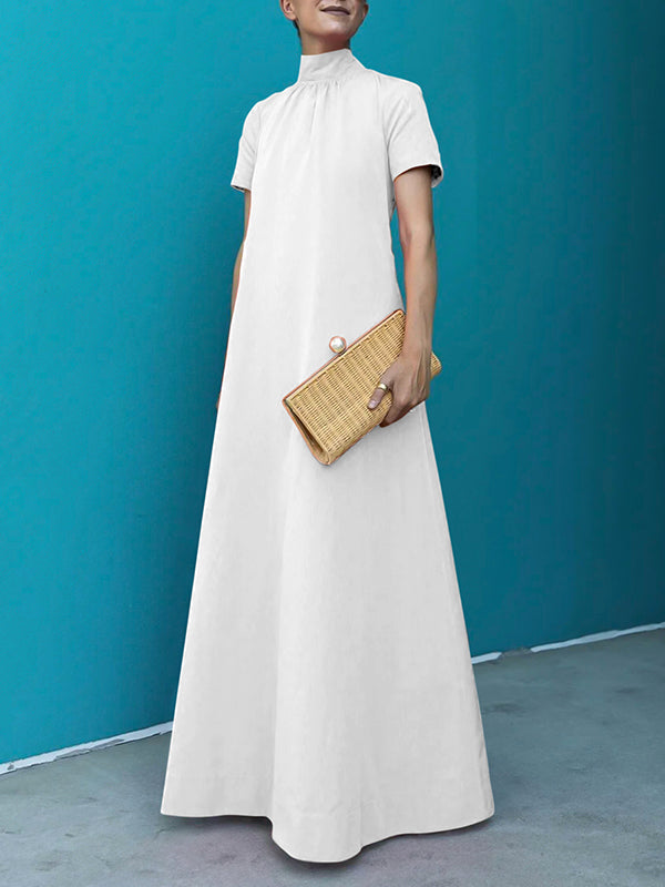 Loose Short Sleeves Color High-neck Maxi Dresses
