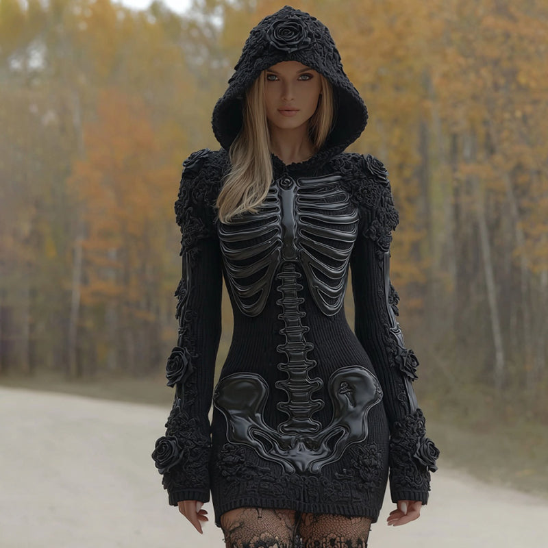 Women's Vintage Halloween Skeleton Bones Rose Lace Art Cozy Knit Hooded Sweater Dress elevenforest