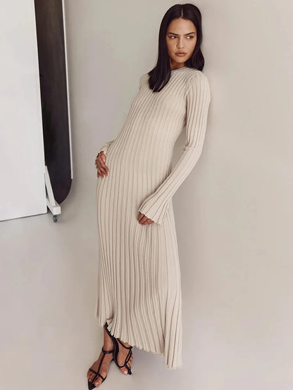 Lace-up Female Knit Maxi Dress – Autumn High Waist Patchwork Long Sleeve Bandage Knitwear Dress