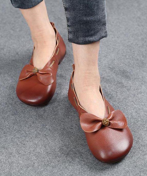 Chocolate Bow Cowhide Flat Shoes for