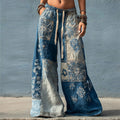 Boho Floral Japanese Sashiko Colorblock Flowy Wide Leg Linen Pants elevenforest
