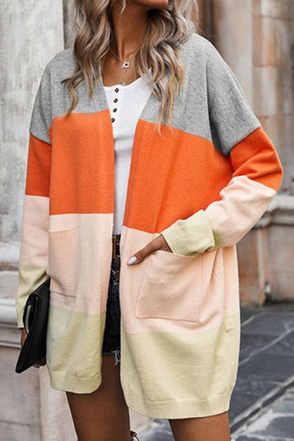 Contrasting Rainbow Paneled Striped Long Cardigan Sweater With Pockets