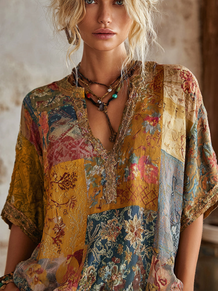 Bohemian Style Bright Yellow Patchwork Floral Vintage Tie-dye V-neck Short-sleeved Shirt elevenforest