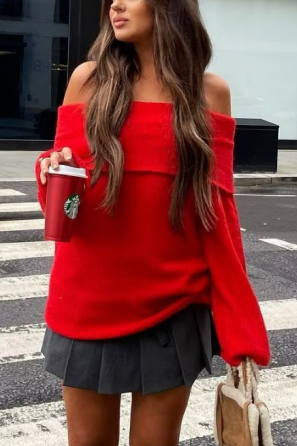 Slim Fit Color Pullover Sweater With Off-shoulder Neckline