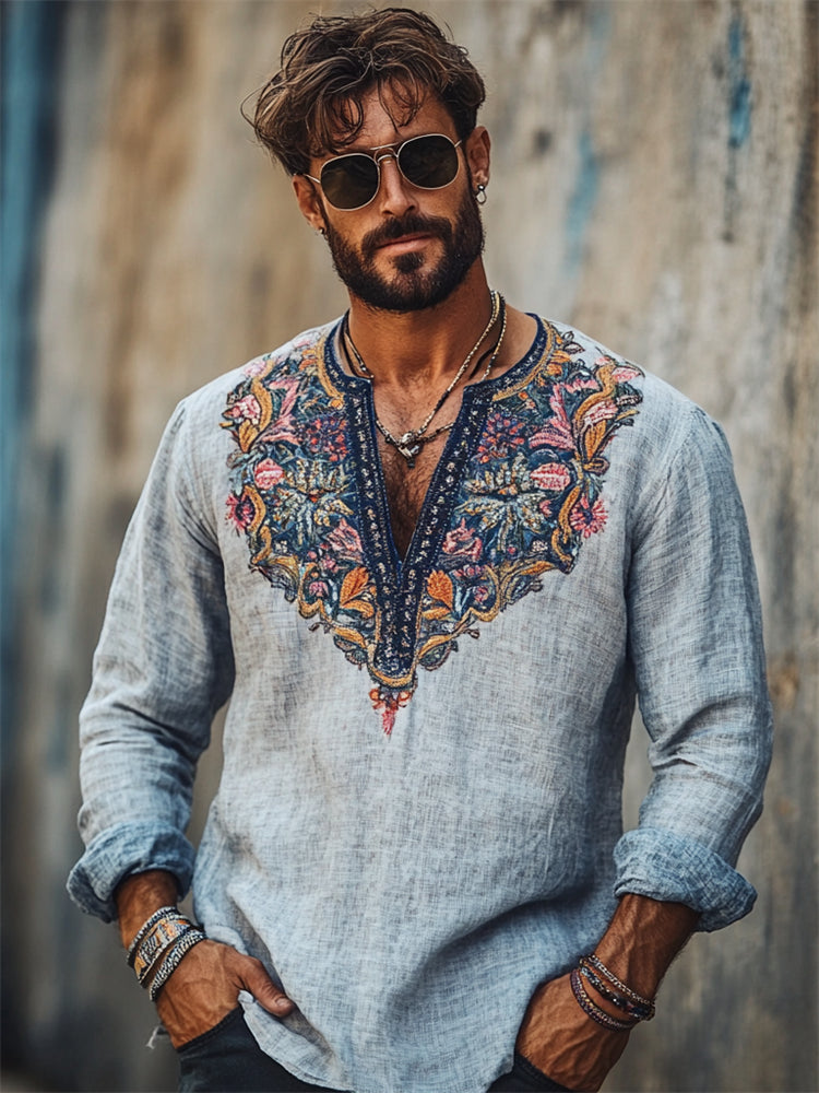 Men's Boho Floral Embroidered Linen Shirt elevenforest