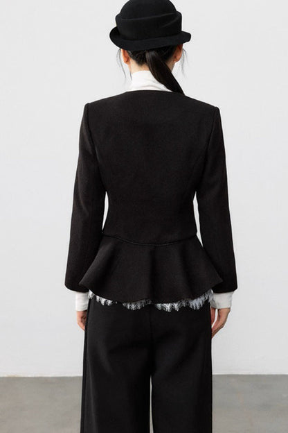 Black Pleated Waist Wool Coat