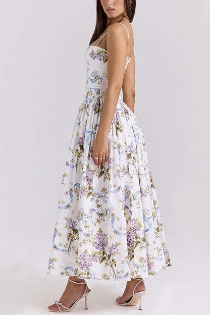 Spaghetti Strap Print Bustier A-line Maxi Dress