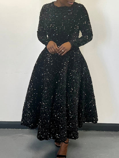 A-line High Waisted Sequined Split-joint Zipper Round-neck Maxi Dresses