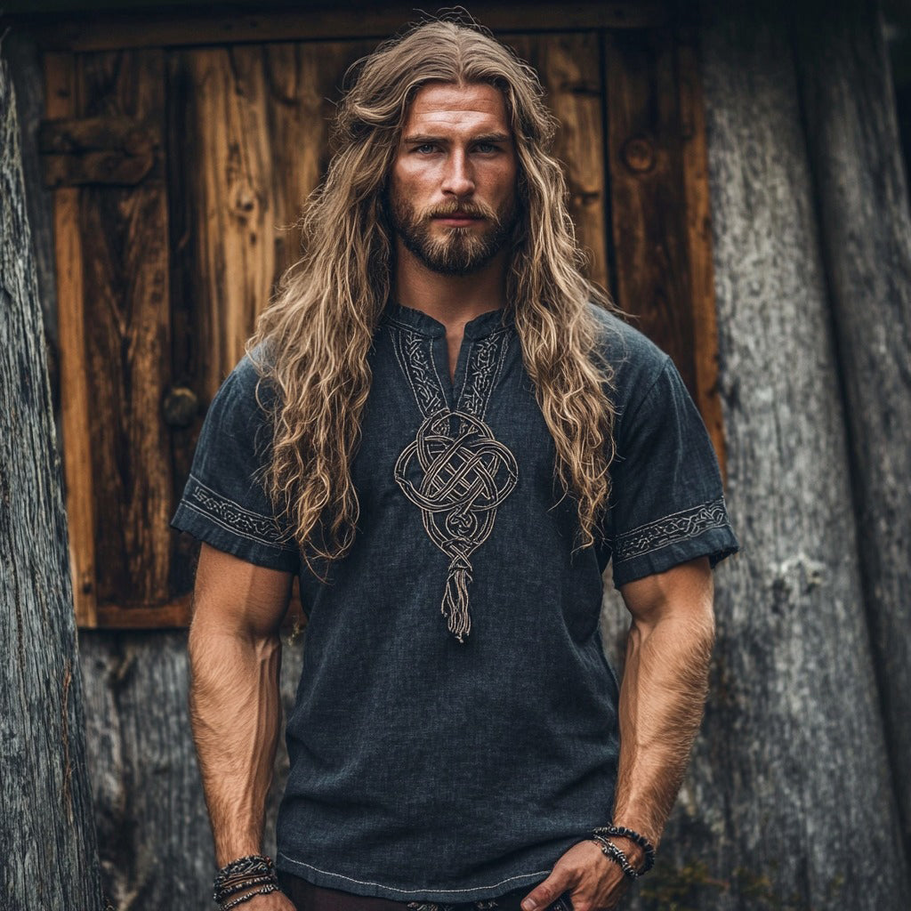 Men's Viking Tribal Celtic Embroidered Tassels Art Linen Shirt elevenforest