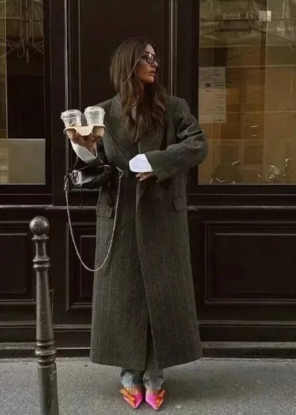 Pinstripe Long Woolen Coat - and Minimalist