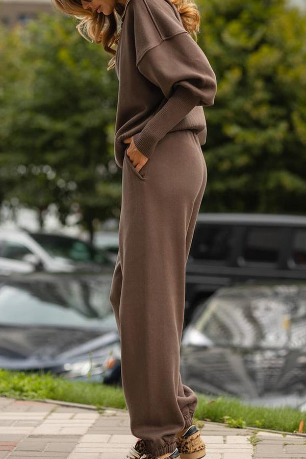 Color Long-sleeved Zip-up Sweatshirt and Elastic Waist Loose Pocket Pants Set