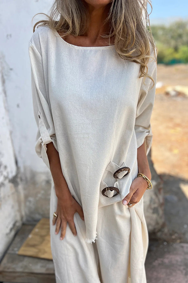 Jamilah Linen Blend Ring Detail Midi Blouse and Elastic Waist Pocketed Loose Pants Set