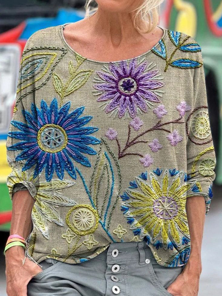 Floral Embroidery Pattern Women's Linen Long Sleeve T-shirt elevenforest
