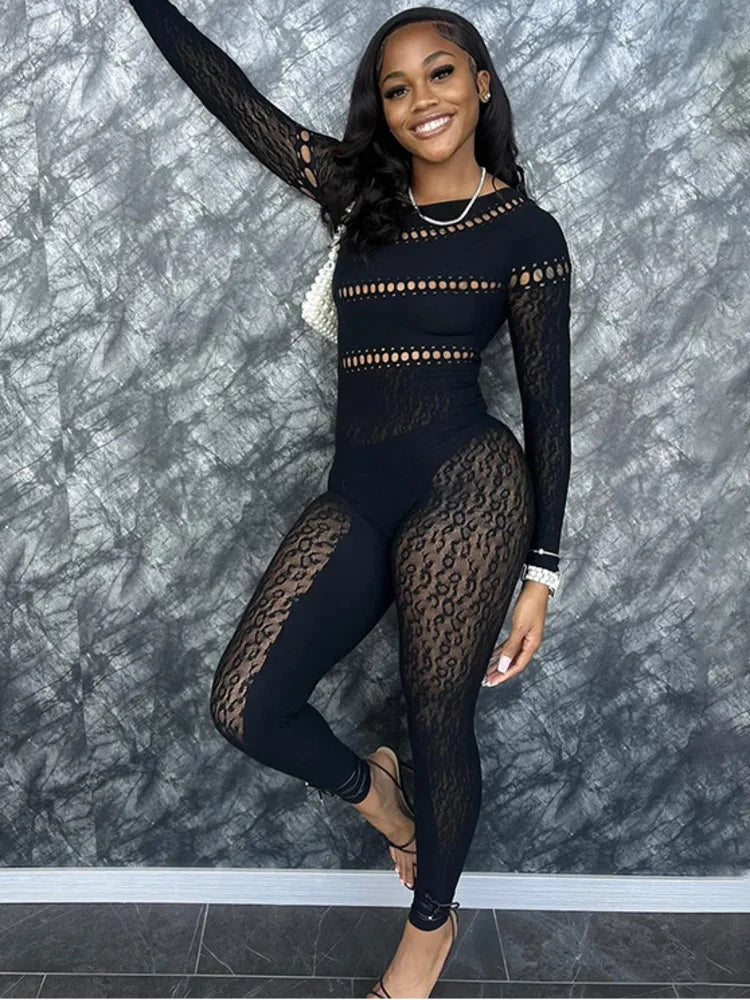 Long Sleeved Mesh Hollow Out Patch Jumpsuit Fall New Elastic Tight Fitting Female Street Club Clothing