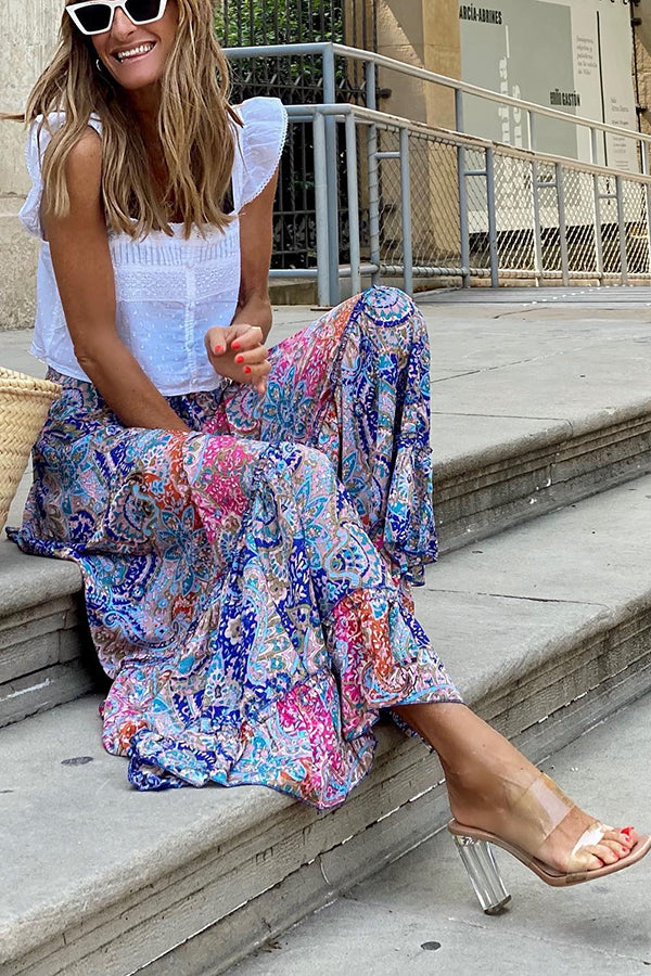Audrina Print Elastic Waist Tassel Maxi Skirt