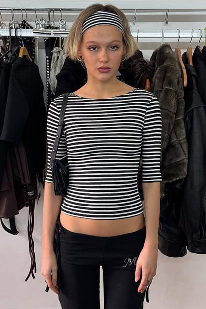 Color Block Stripe Jacquard Fitted Knit Blouse